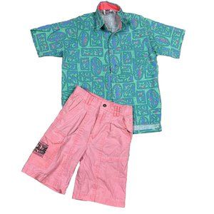 Vintage 90s Blue Pink Neon Surf Skate Cool USA T-shirt Boys S 8/10 Shorts Set